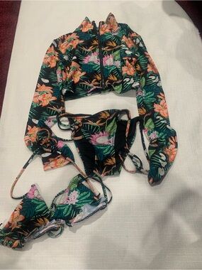 Fashion Nova Tropical Floral Long-Sleeve Bikini Set — Black, Green, Orange, Pink